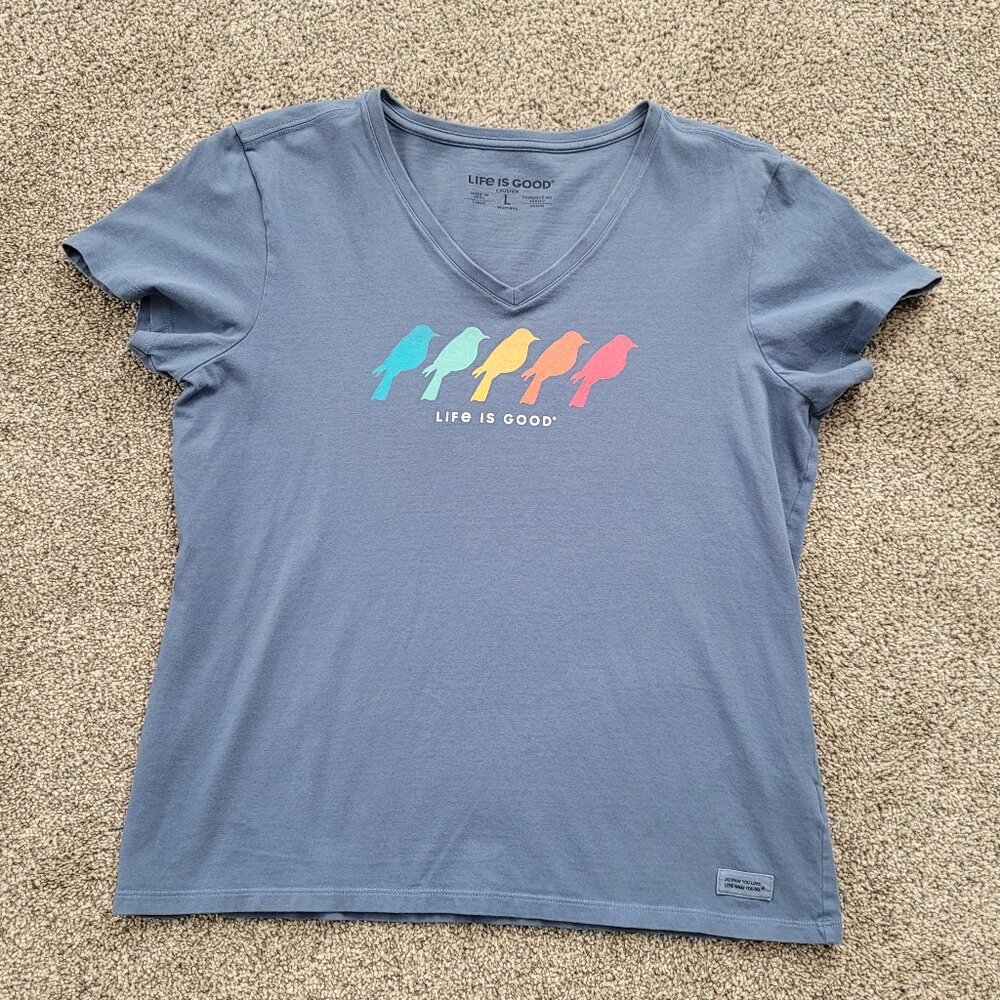 Ladies Life is Good Blue V-Neck T-shirt  with Birds Large - Picture 5 of 10
